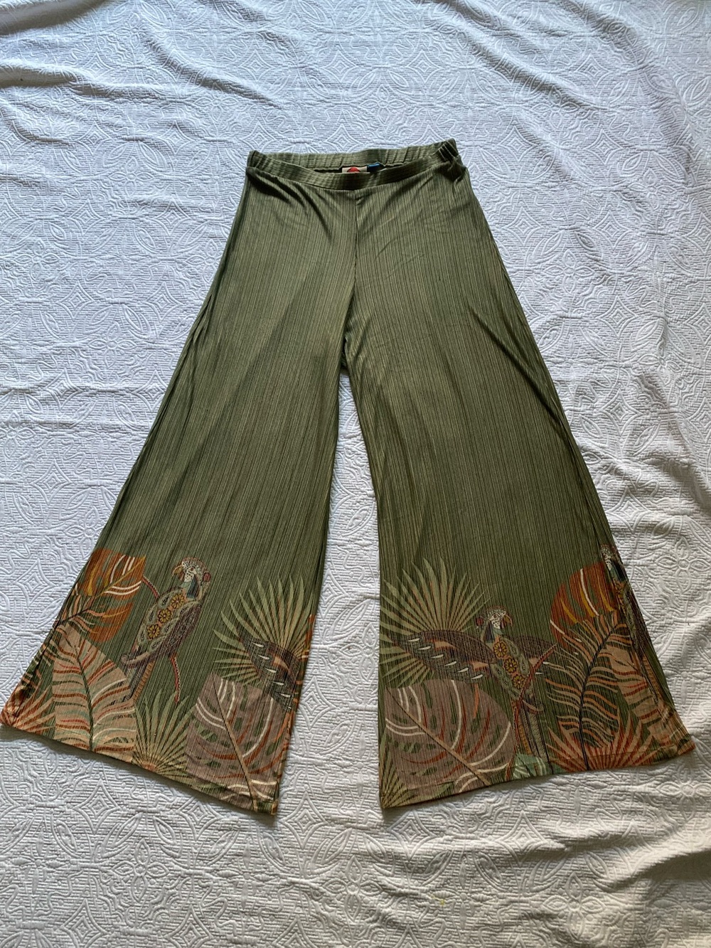 Anthropologie Olive Green Wide-Leg Palazzo Pants with Tropical Border Print